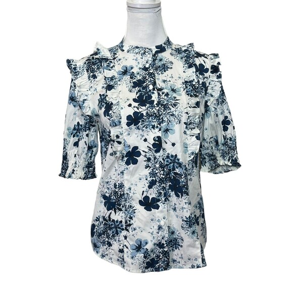 Universal Standard x Erdem Kalina Shirt Floral Ruffle Button Women’s XS Blue - Picture 2 of 12